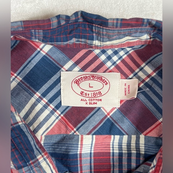 Men's Brooks Brothers Large Extra Slim Red and Blue Plaid Shirt - Picture 3 of 10